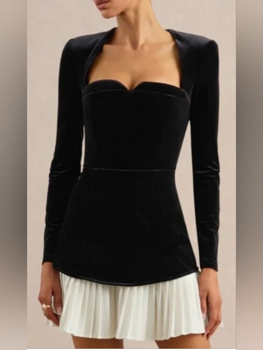 Club L London Black Velvet One Piece Corset Dress with White Pleated Mini Bottom